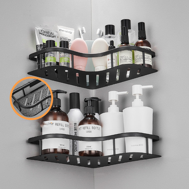 Corner shower shelf storing bathroom bottles and items