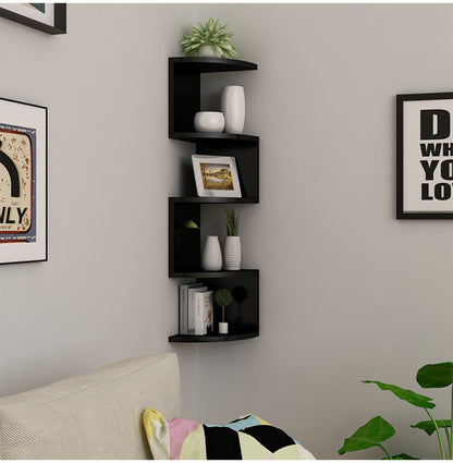 White 5-layer corner wall lattice shelf mounted in a bedroom corner with small decor items