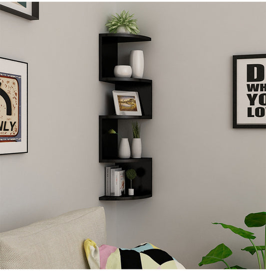 White 5-layer corner wall lattice shelf mounted in a bedroom corner with small decor items