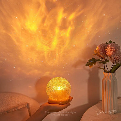 Corrugated bedside night lamp glowing warm white on a bedroom nightstand at night
