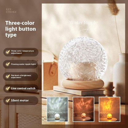 Small corrugated geometric night lamp on a bedroom desk shelf as a soft ambient light source
