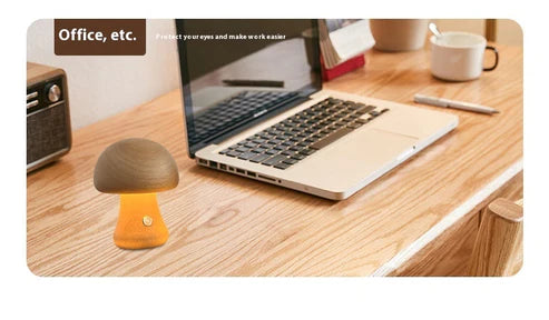 Creative mushroom lamp walnut warm glow on desk office setting