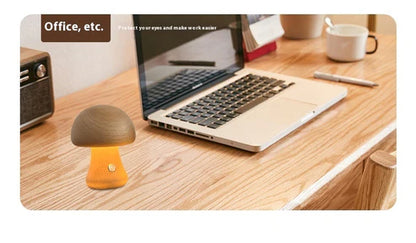 Creative mushroom lamp walnut warm glow on desk office setting
