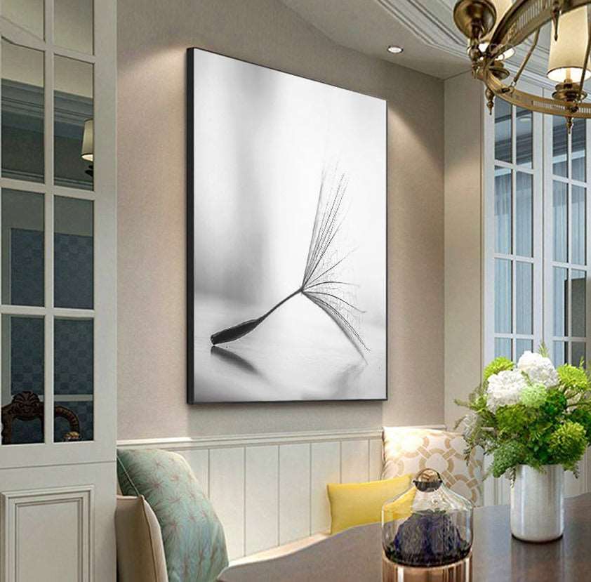 Dandelion canvas painting displayed in modern living room setting