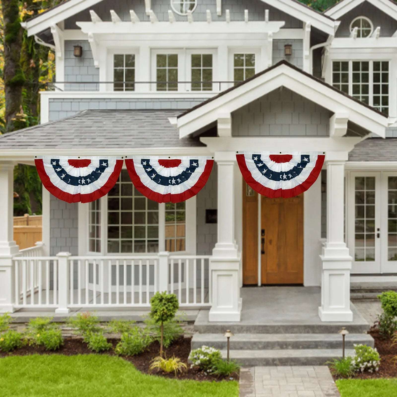 Decoration bunting patriotic flag fan stripes on house exterior display
