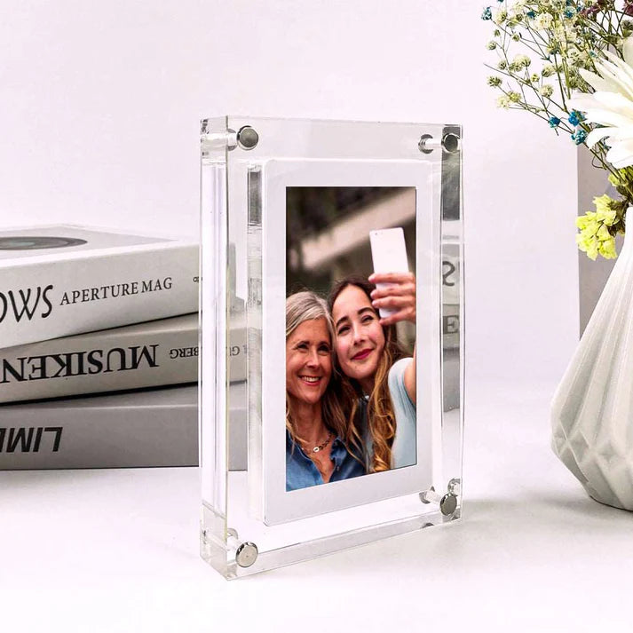 Transparent 5-inch digital acrylic photo frame displaying family photo