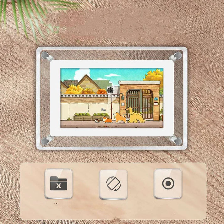 Digital acrylic photo frame styled on modern desk setup