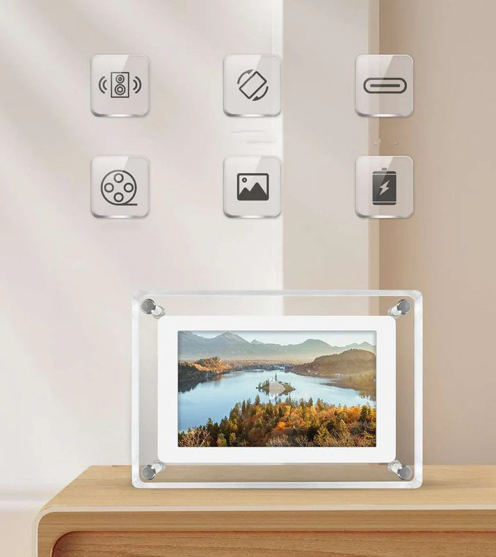Person holding 5-inch digital acrylic photo frame showing size