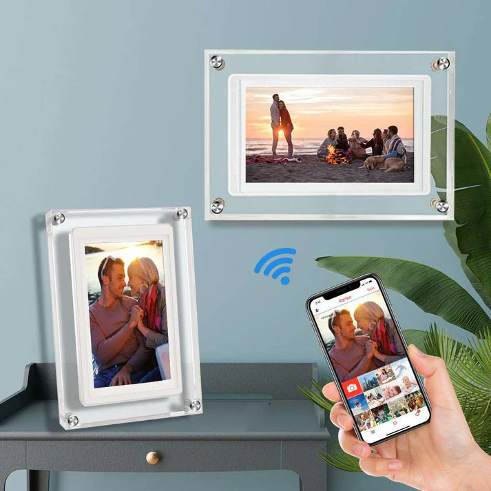 Digital acrylic photo frame showing landscape photo in living room
