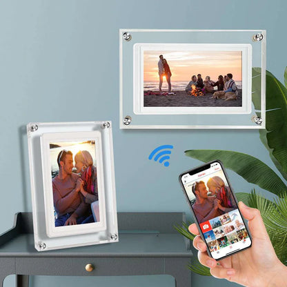 Digital acrylic photo frame showing landscape photo in living room