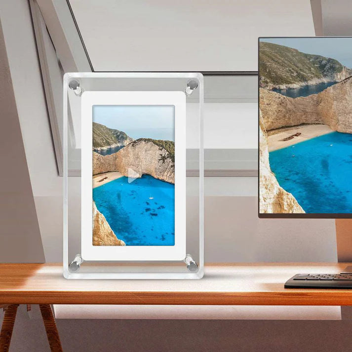 Multiple angle view of transparent digital acrylic photo frame