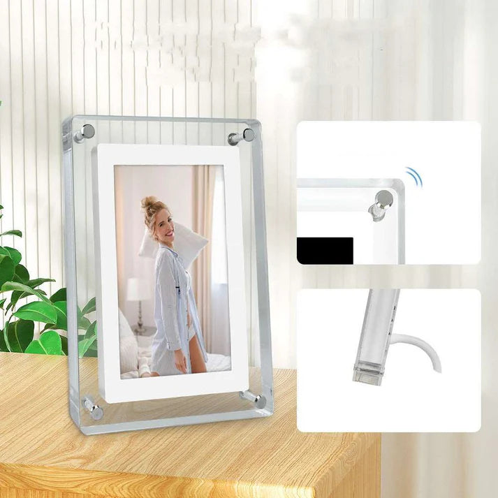 Side view of ultra-clear acrylic digital photo frame showing thickness