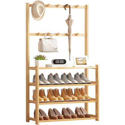 Wood color bamboo storage shelf with empty shelves shown
