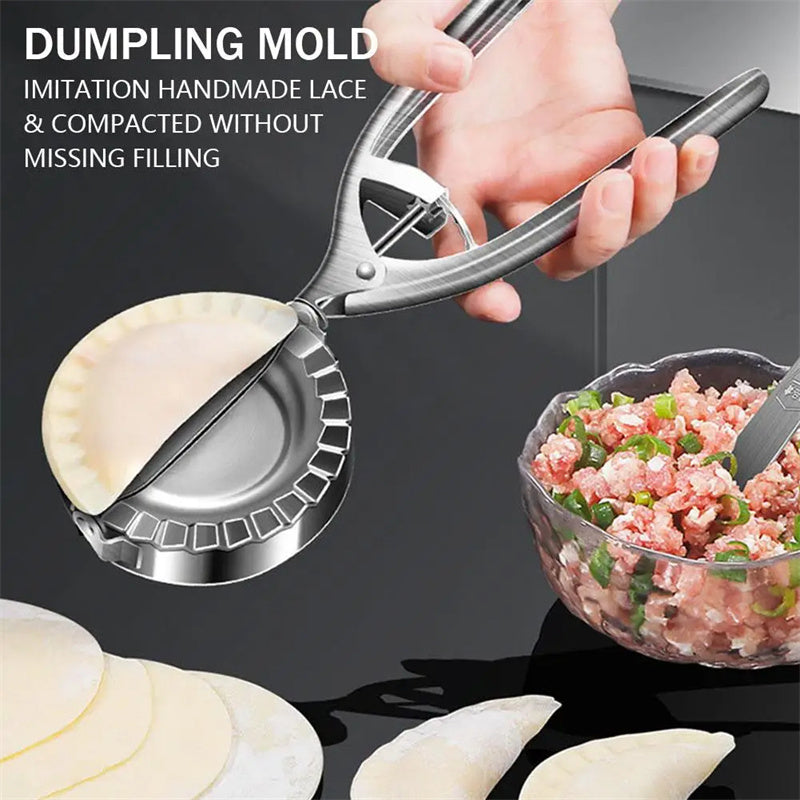 Stainless steel dumpling maker being used to press and seal dumplings
