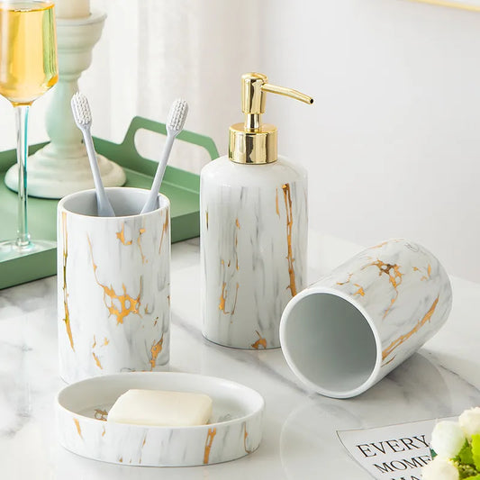 4-Pieces Bathroom Accessories Set! White Marble Ceramic Coating, Gold Touch