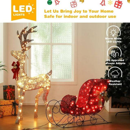 3-Piece Large Lighted Christmas Deer Family Set for Outdoor Yard Holiday Christmas Decor w/ 210 LED Lights, Stakes, Zip Ties Secured Gold