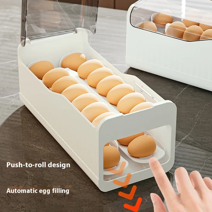 Egg storage box slide holder placed inside organized fridge kitchen