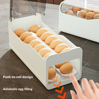 Egg storage box slide holder placed inside organized fridge kitchen