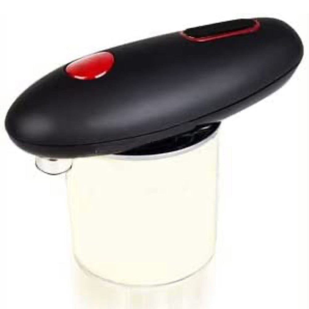 Side view of portable electric can opener showing red button