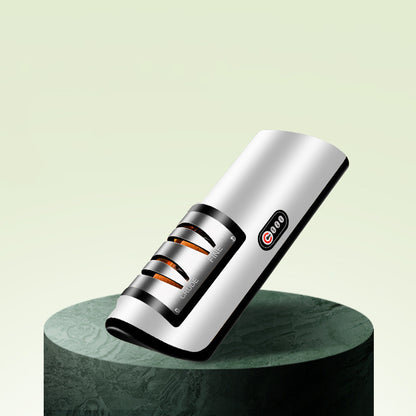 Black USB rechargeable electric knife sharpener on display