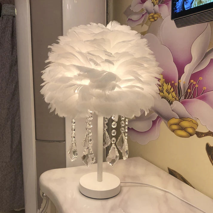 Elegant grey feather table light showing the luxury crystal dome detail