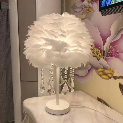 Elegant grey feather table light showing the luxury crystal dome detail