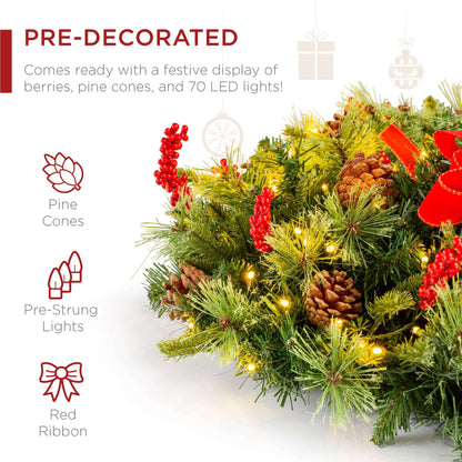 24in Pre-Lit Battery Powered Christmas Wreath Decoration w/ 70 Lights, 96 PVC Tips, Ribbons