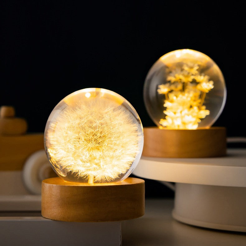 Luminous 3D Dandelion Beech Wooden Base Crystal Ball - Splendas