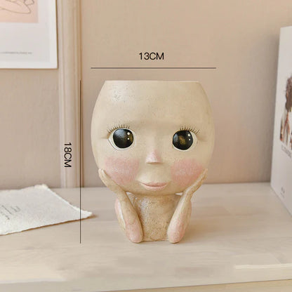 Face head design sculpture planter with big eyed doll vase style