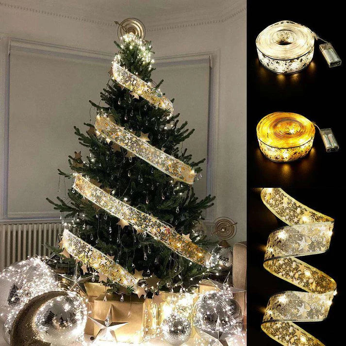 Fairy light ribbon wrapped around Christmas tree