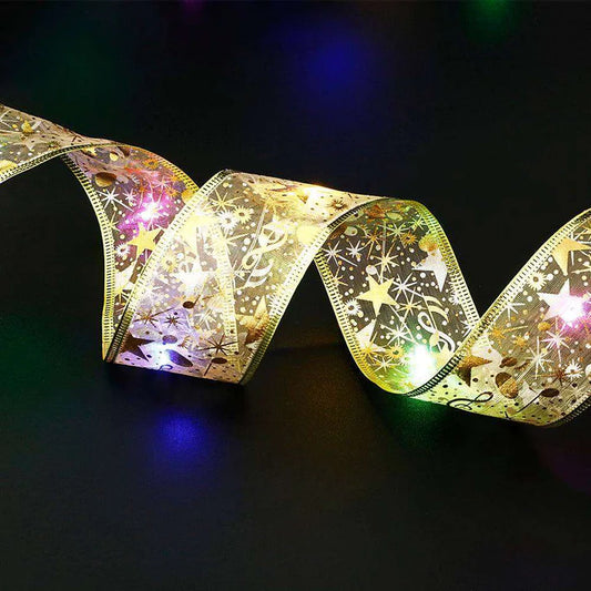 Fairy light ribbon in colorful gold with lighted bow