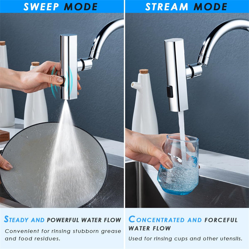 Kitchen faucet nozzle showing 360 degree rotation feature