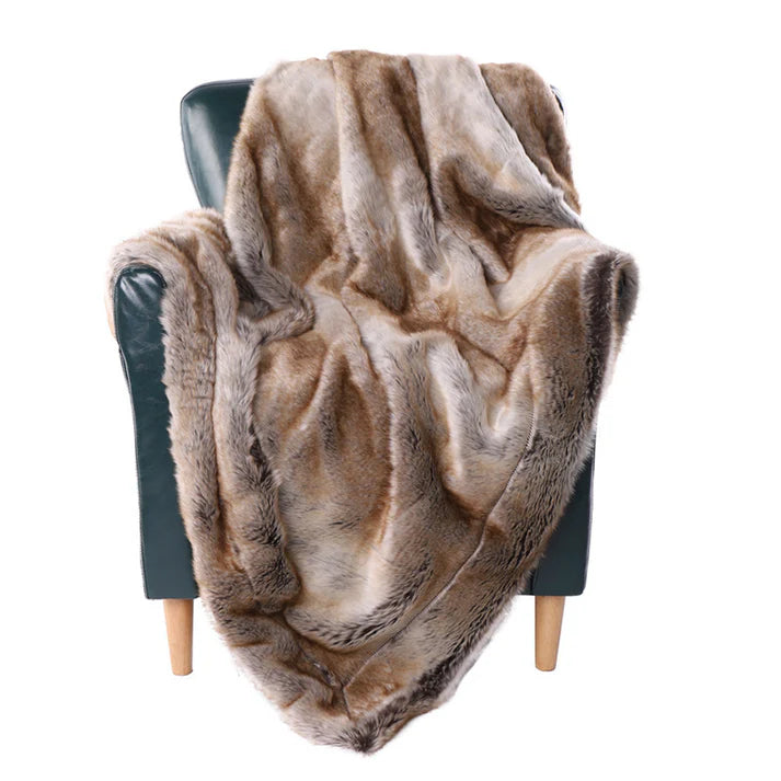 Close-up of faux fur throw blanket showing thick plush soft fiber texture detail