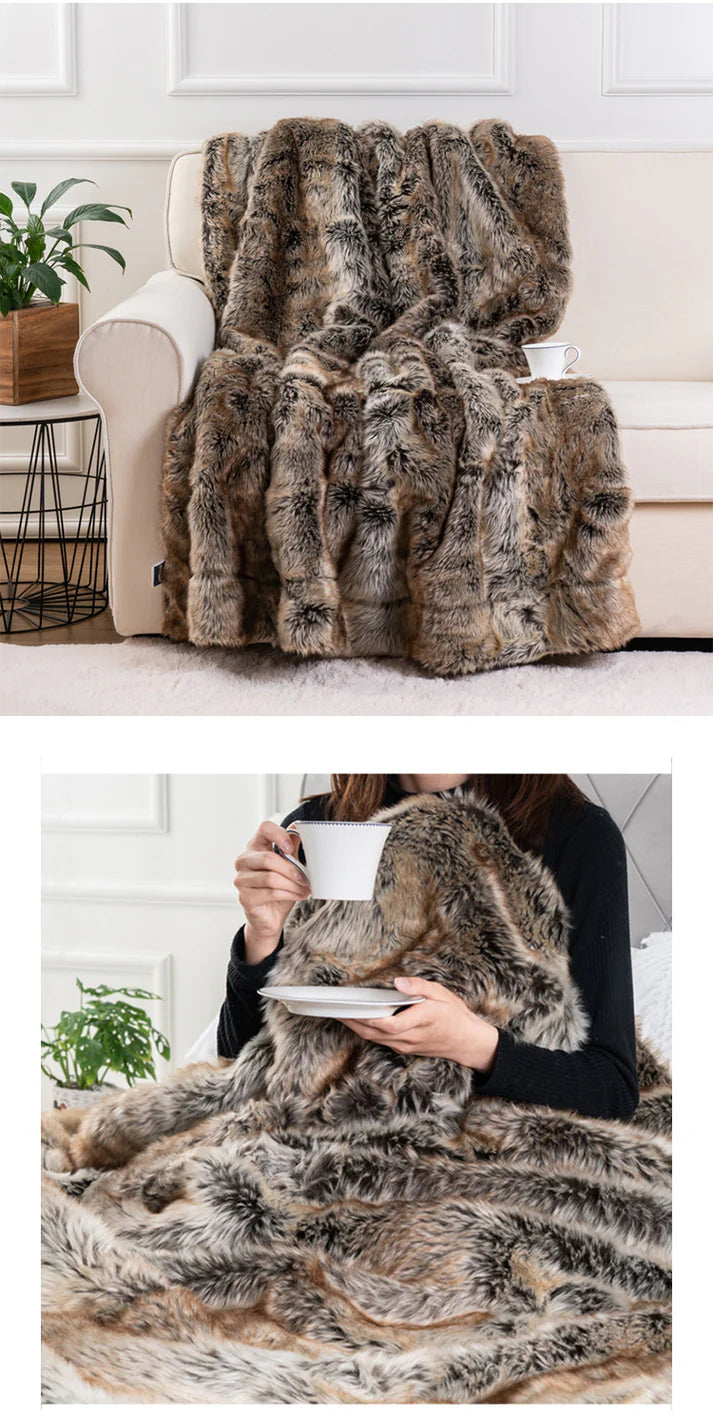 Faux fur throw blanket size reference showing 100x150cm and 150x200cm dimensions
