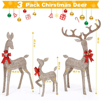 3-Piece Large Lighted Christmas Deer Family Set for Outdoor Yard Holiday Christmas Decor w/ 210 LED Lights, Stakes, Zip Ties Secured Gold