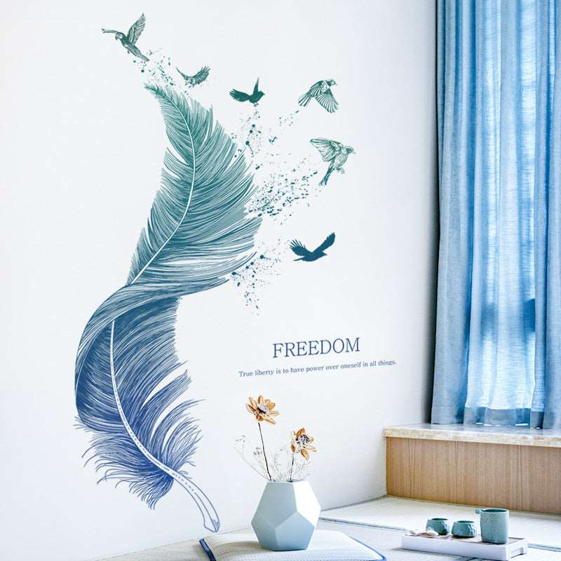Blue teal feather wall sticker with birds flying in modern room