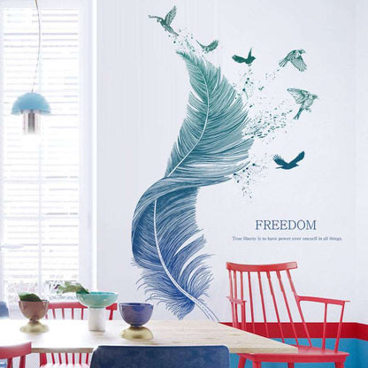 Oversized feather wall sticker styled in living room corner