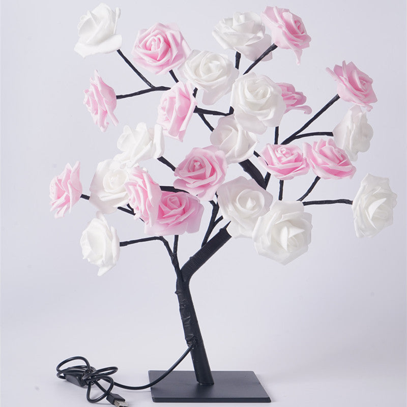  Fiber optic pink rose tree night light on desk