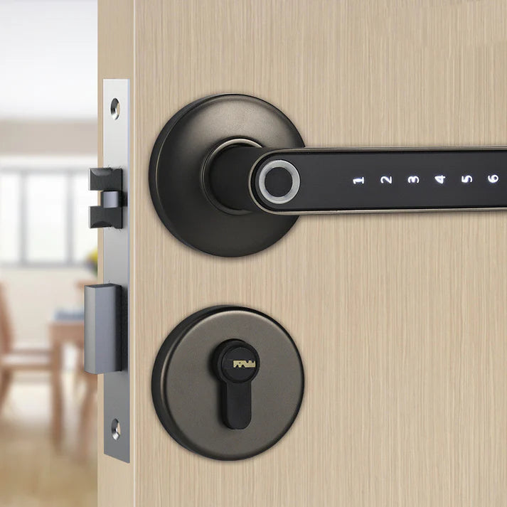 Fingerprint door lock installed on wooden door home security