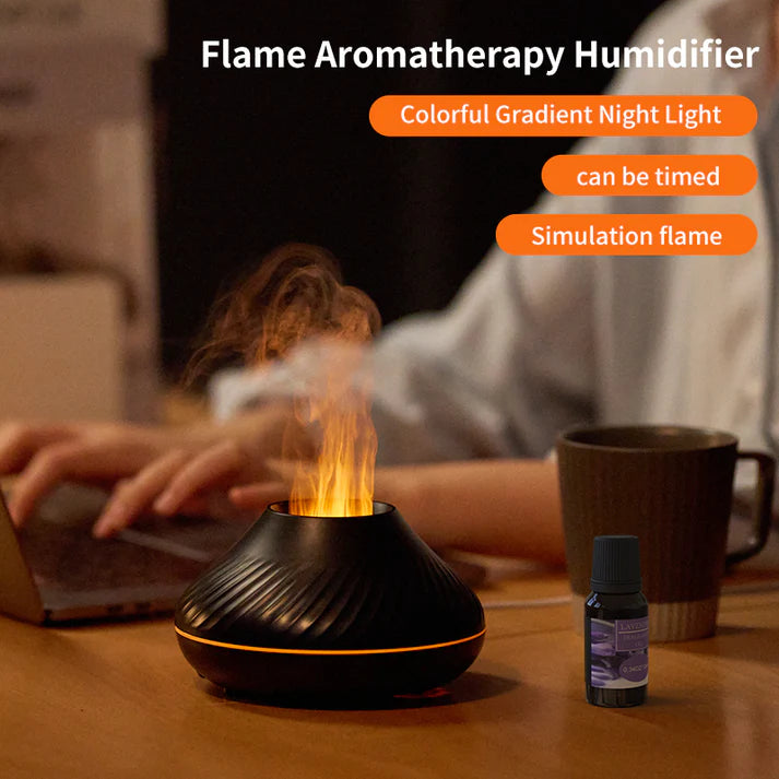 Flame diffuser shown with essential oil bottles