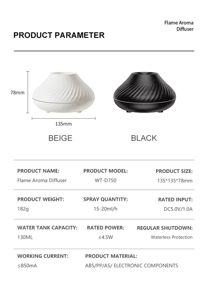 Flame aroma diffuser size and dimensions chart