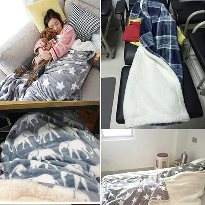 Person holding fleece plush throw blanket wrapped around body