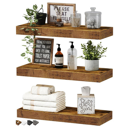 Floating wood shelf used in a bedroom holding a lamp and small decorative items