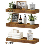 Floating wood shelf used in a bedroom holding a lamp and small decorative items