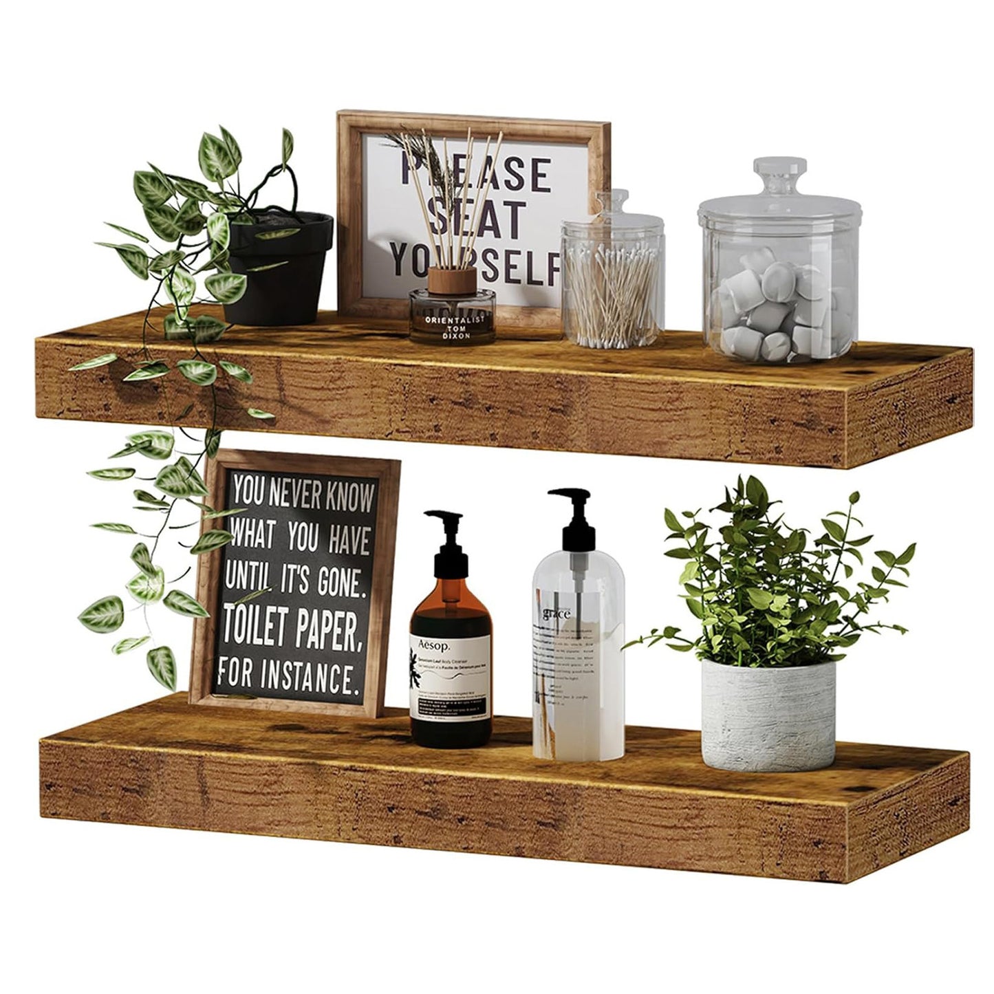 European style floating wood shelf with clean straight edges on a modern wall
