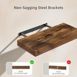 Three piece floating wood shelf set arranged at different heights on a living room wall