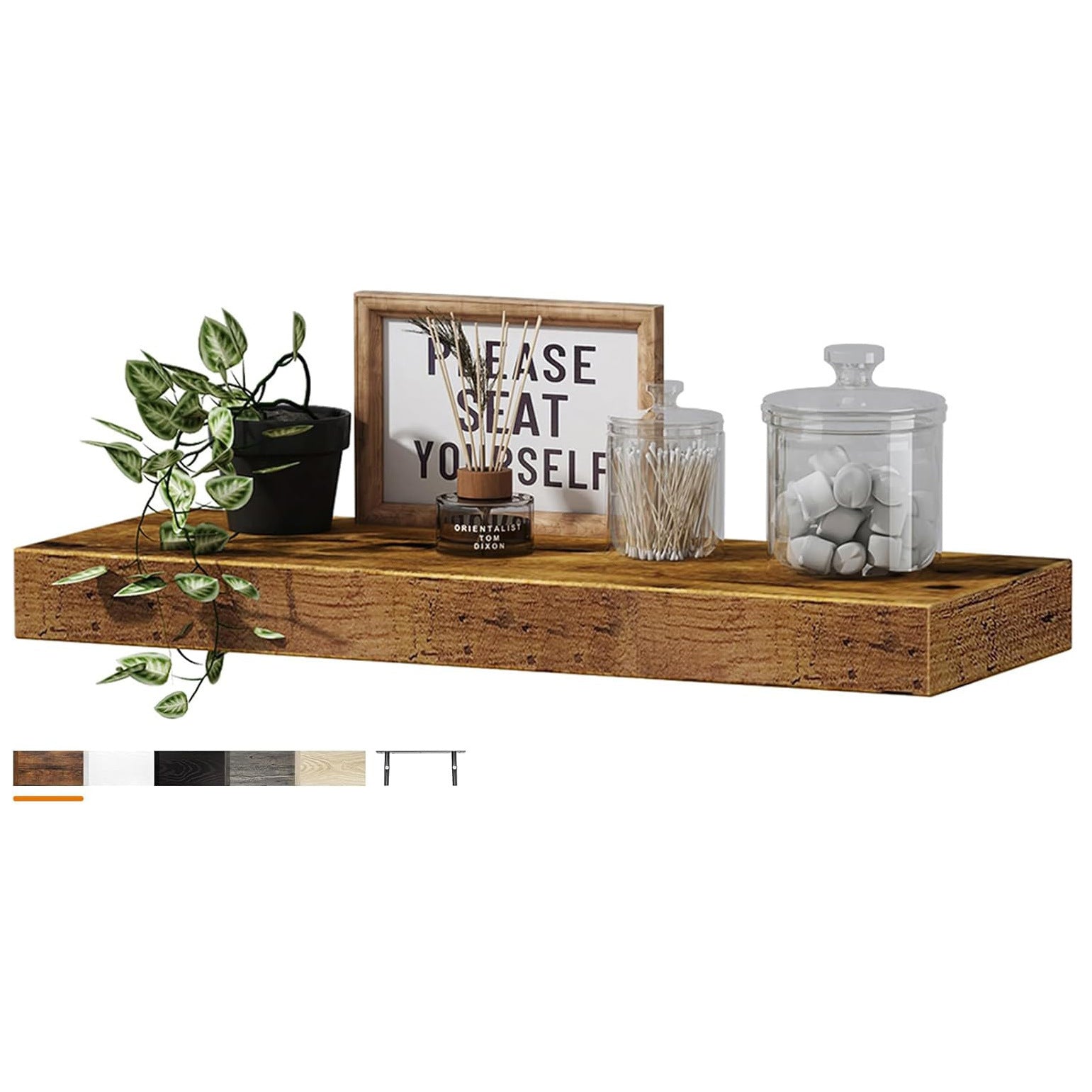 Two piece floating shelf set on a living room wall styled with candles and decor