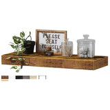 Two piece floating shelf set on a living room wall styled with candles and decor