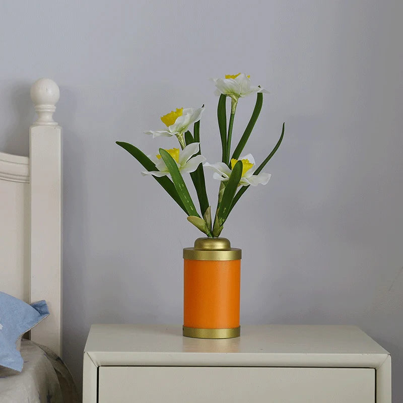 White base flower vase USB lamp with yellow LED flowers
