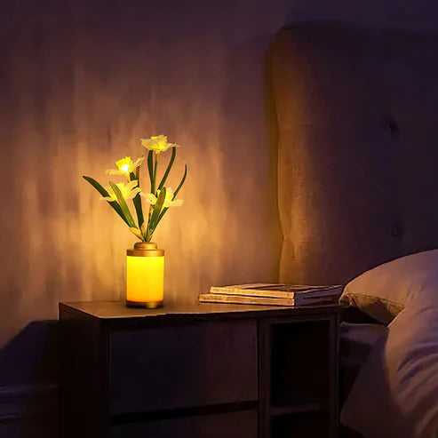 Yellow flower vase LED lamp warm glow in dark room